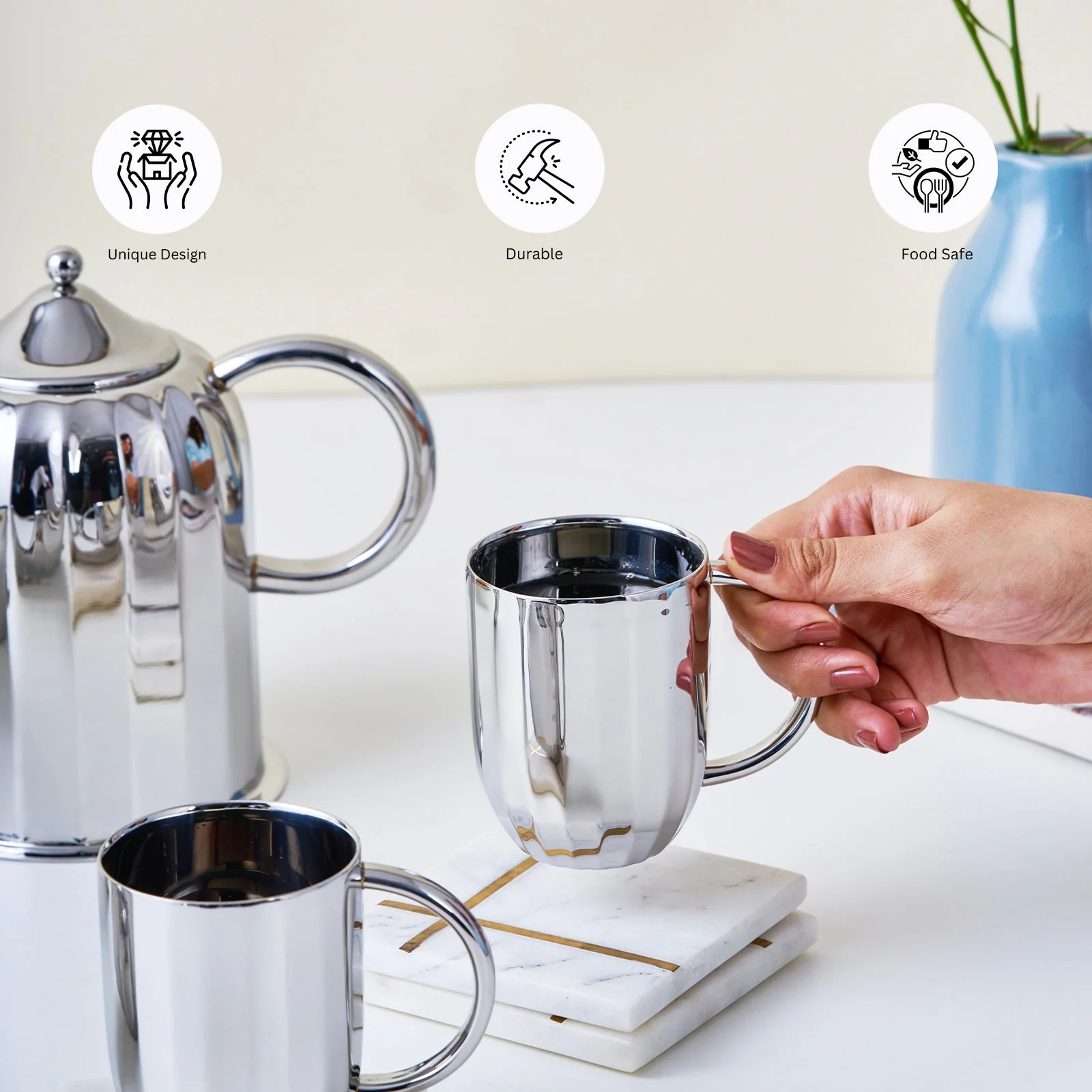 Luxury Dome Stainless Steel Coffee Mug & Pot Set - Image 6