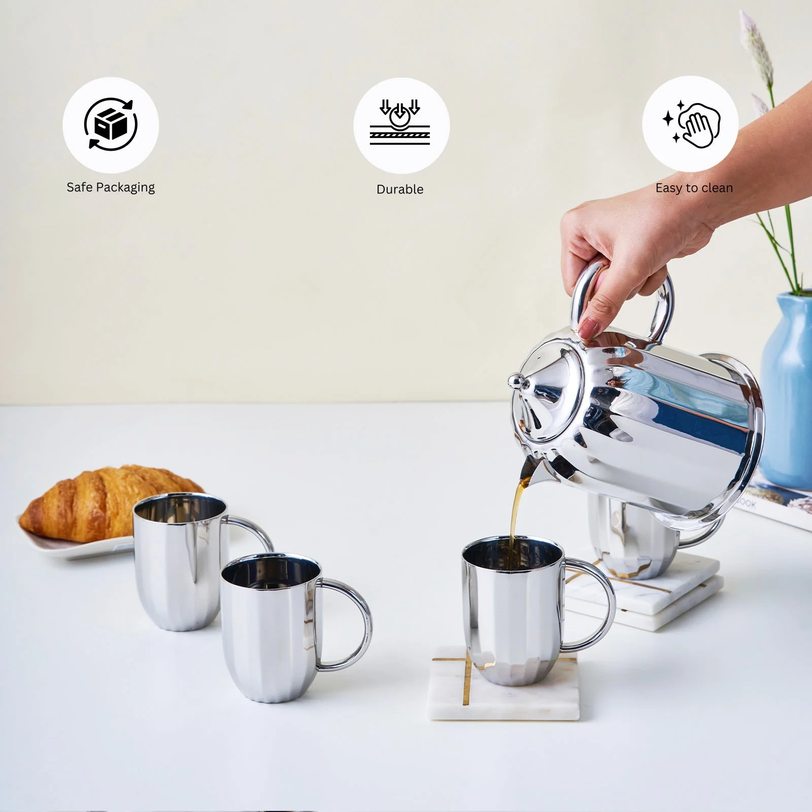 Luxury Dome Stainless Steel Coffee Mug & Pot Set - Image 7