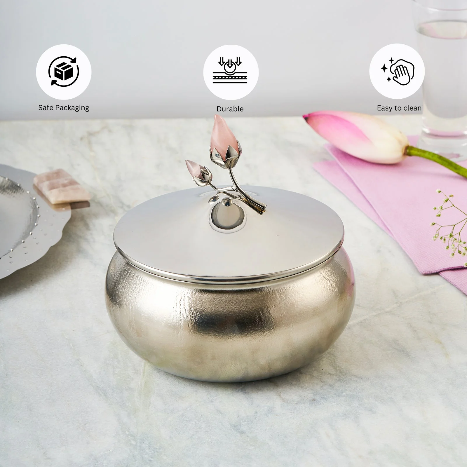 Rose Quartz Textured Serving Bowl with Lid | Medium - Image 4