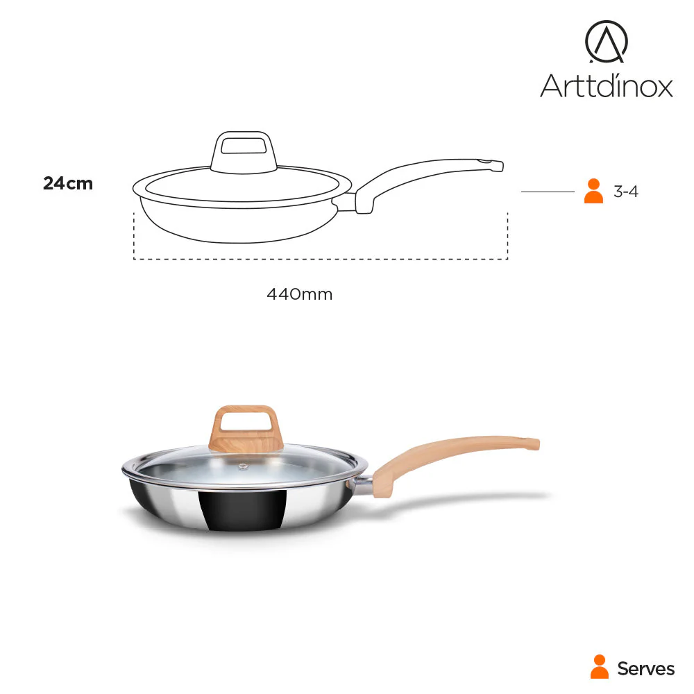 Stainless Steel Triply Frypan 24 cm (1.8 Ltr) with Wood Finish Rivetless Stay Cool Handle + Vented Glass Lid - Image 3