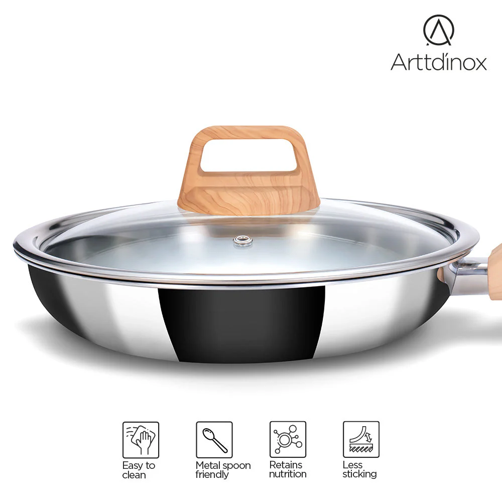 Stainless Steel Triply Frypan 24 cm (1.8 Ltr) with Wood Finish Rivetless Stay Cool Handle + Vented Glass Lid - Image 4