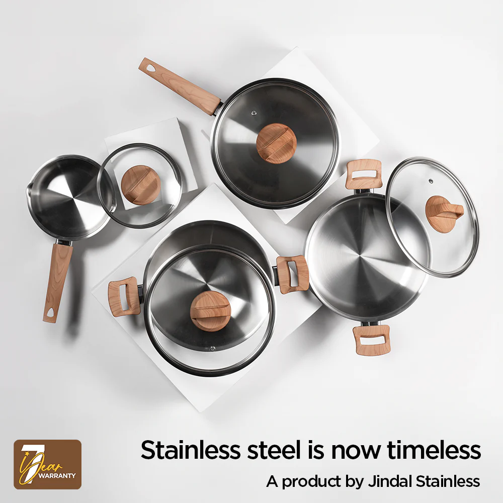 Stainless Steel Triply Frypan 24 cm (1.8 Ltr) with Wood Finish Rivetless Stay Cool Handle + Vented Glass Lid - Image 6