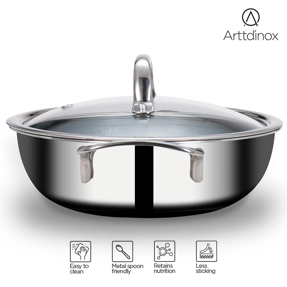 Stainless Steel Triply Kadhai 24 cm (2.7 Ltr) Etched Nonstick with Rivetless Stay Cool Handle + Vented Glass Lid - Image 5