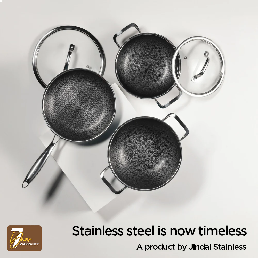 Stainless Steel Triply Kadhai 24 cm (2.7 Ltr) Etched Nonstick with Rivetless Stay Cool Handle + Vented Glass Lid - Image 7