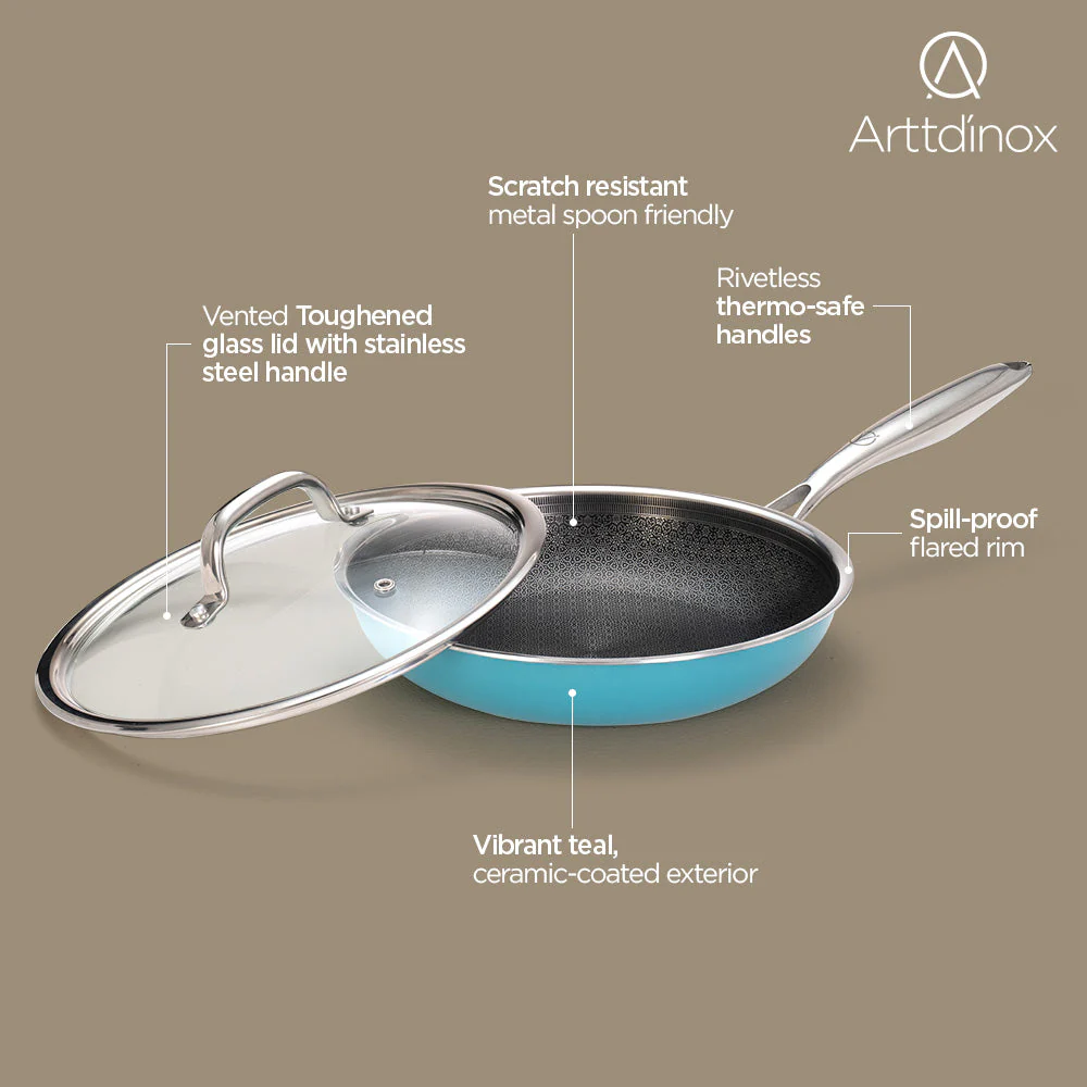 Stainless Steel Triply Teal Frypan 24 cm (1.8 Ltr) Etched Nonstick with Rivetless Stay Cool Handle + Vented Glass Lid - Image 3