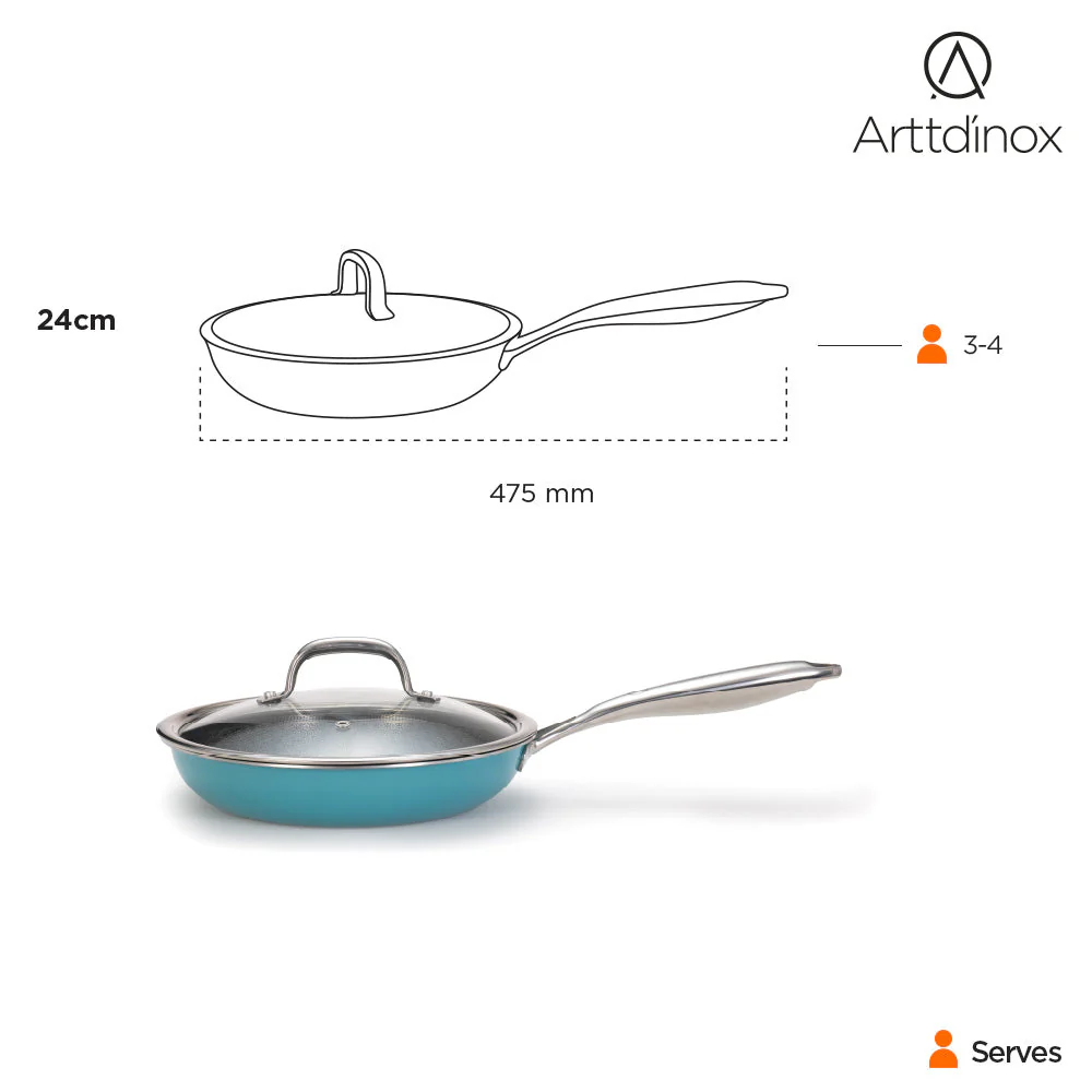 Stainless Steel Triply Teal Frypan 24 cm (1.8 Ltr) Etched Nonstick with Rivetless Stay Cool Handle + Vented Glass Lid - Image 4