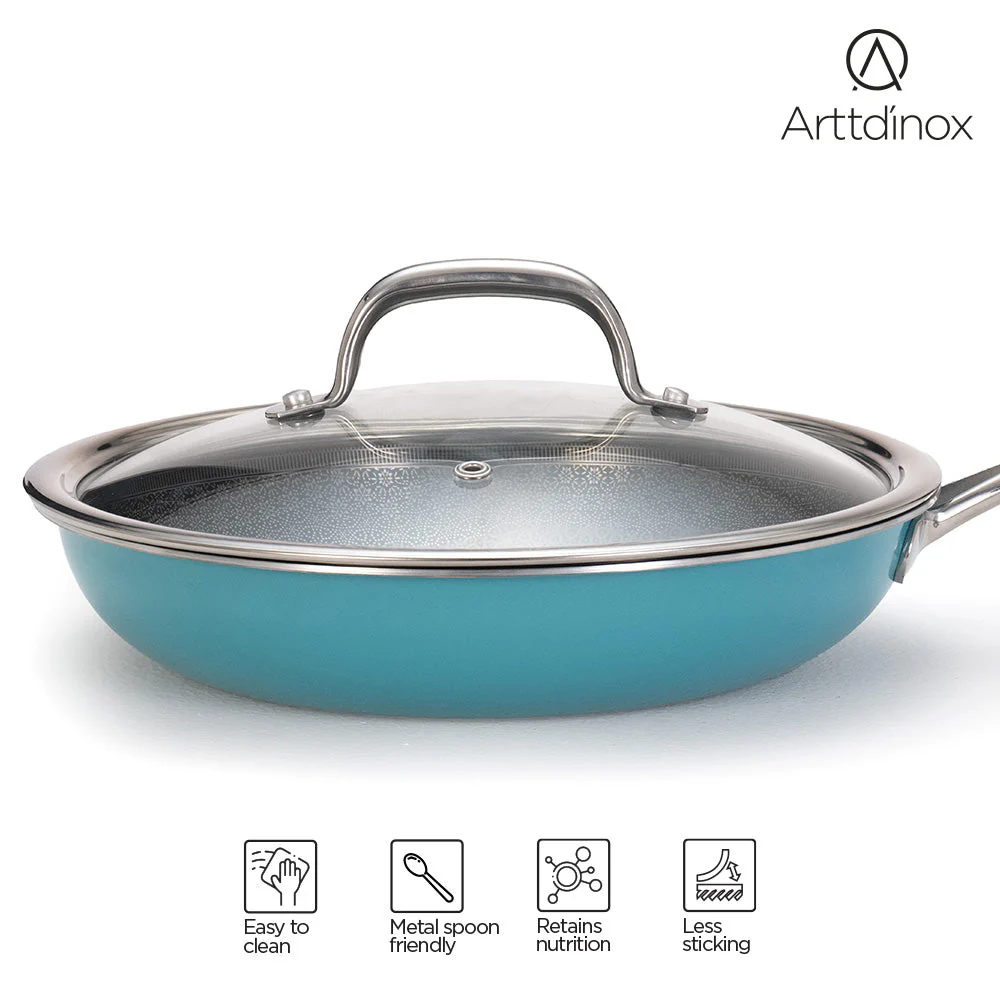 Stainless Steel Triply Teal Frypan 24 cm (1.8 Ltr) Etched Nonstick with Rivetless Stay Cool Handle + Vented Glass Lid - Image 6