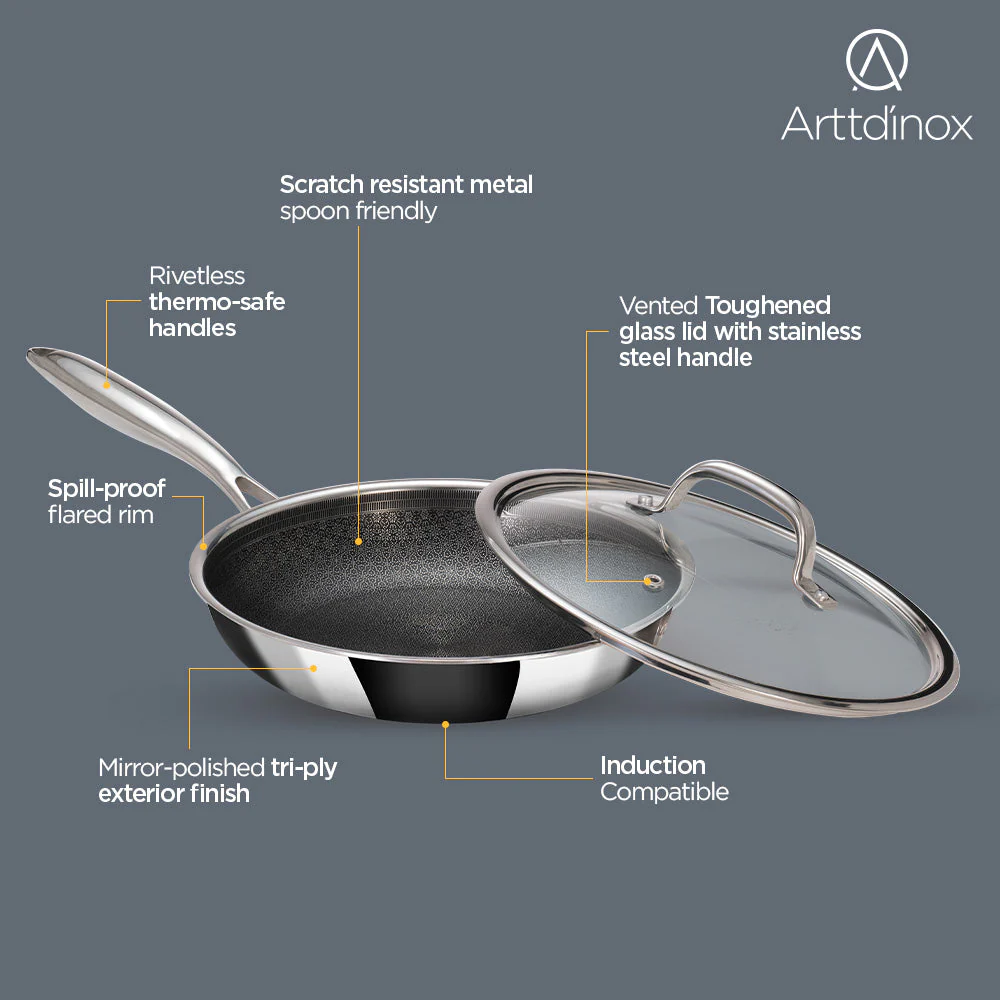 Stainless Steel Triply Frypan 26 cm (2.1 Ltr) Etched Nonstick with Rivetless Stay Cool Handle + Vented Glass Lid - Image 4